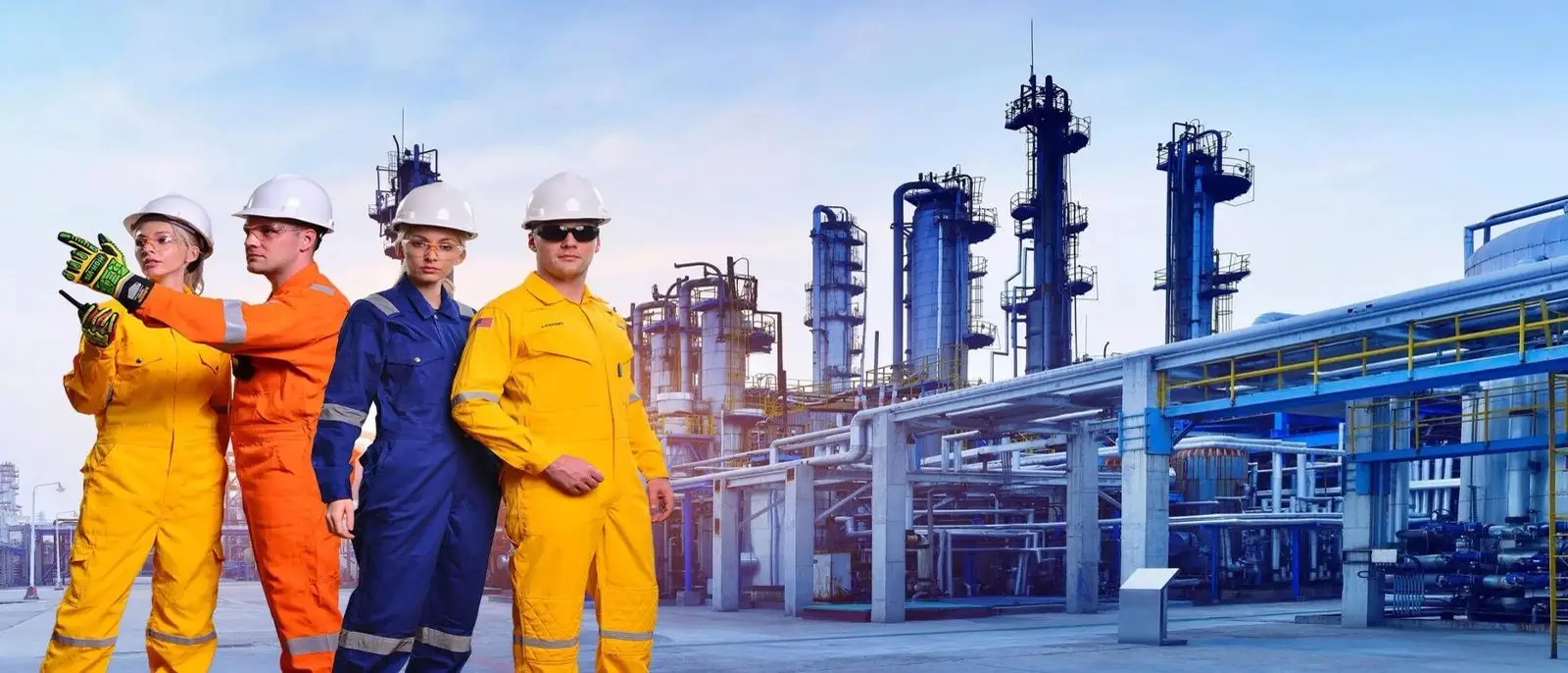 Four models in coveralls and hard hats, composited in front of a refinery
